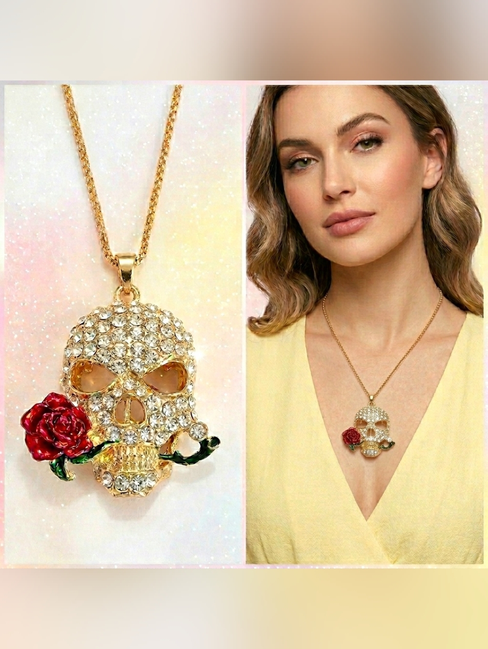 Gold plated Crystal skull Red rose necklace